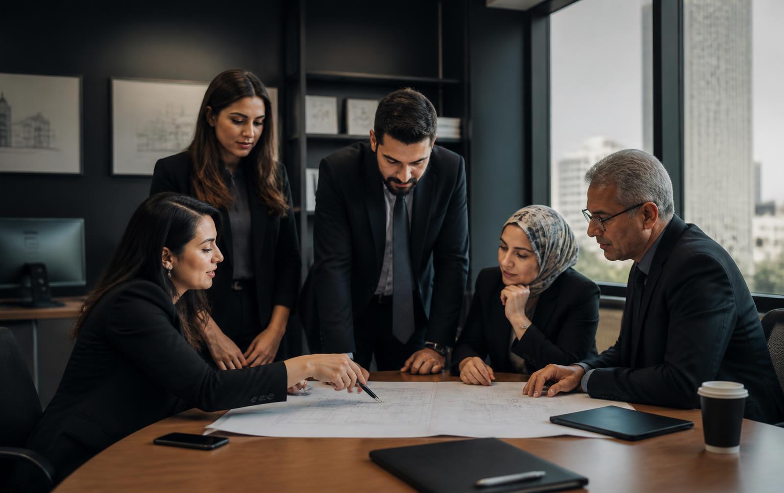 Moroccan professionals reviewing architectural plans on site